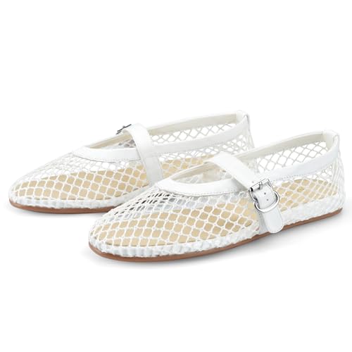 Adrizzlein Ballerines plates en maille pour femme - Ballerines plates blanches avec sangle à boucle - Chaussures plates en maille - Grande largeur - Style...