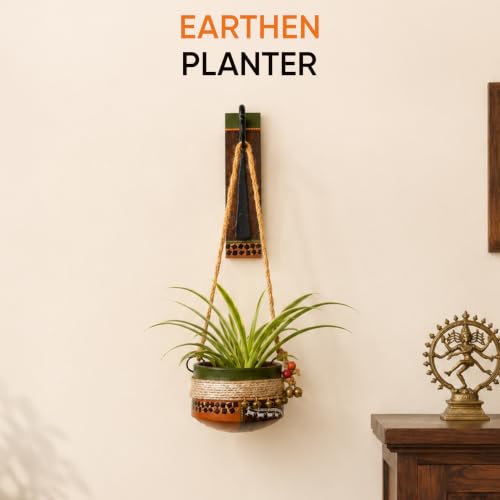 Image of AAKRITI ART CREATIONS Wall Hanging Planter with Hook | Jute Embellished Earthen Planter on Classic Wall Hook, Modern Art, Matte Finish | Metal, Terracotta & Wood
