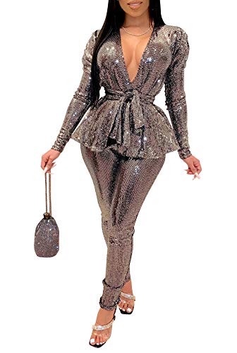 Women Sexy 2 Piece Night Clubwear Outfits Long Sleeve Top and Metallic Long Pants Set Silver Large