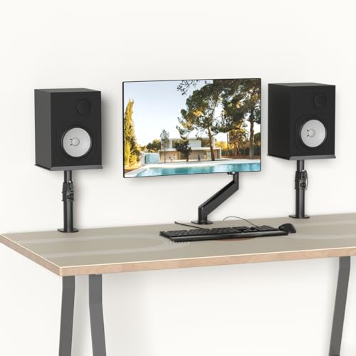 suptek Clamp-on Speaker Stand Desk Mount Set, 9.6 x 8.8 inch Trays, Height Adjustment and Tilt, Universal Audio Holders for Computer and Bookshelf Speakers, Elevated Sound, 2 Pack, Black, SDM001B