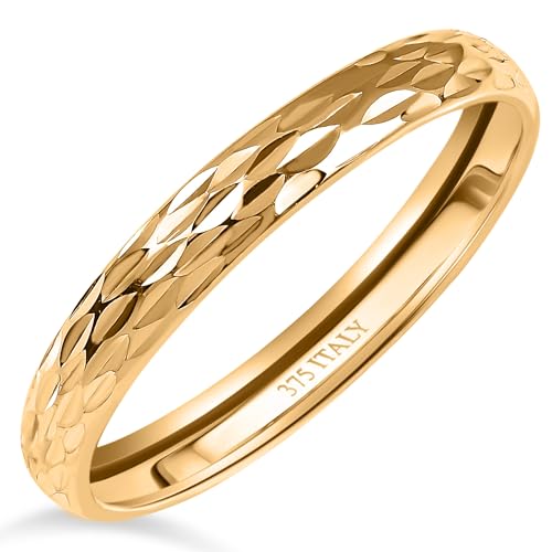 TJC Bagues 9K Or pour Femmes Bague de Mariage à Coupe Diamant 2mm, Bague de Cour Solide en Or Blanc ou Jaune pour Hommes & Femmes, Bagues en Or pour Dames,...
