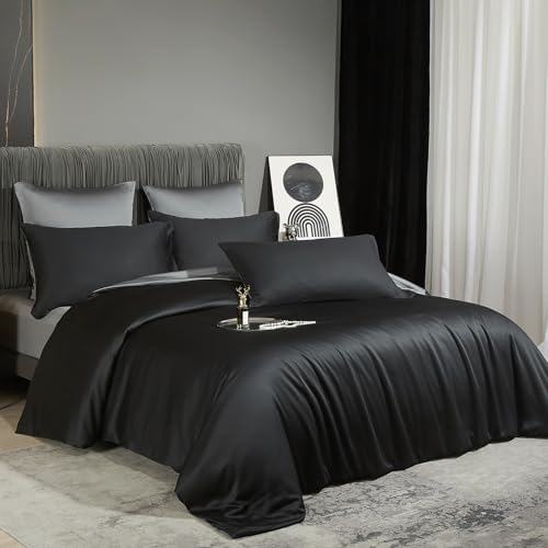 DXHOME Bettwäsche Bambus 155x220cm Schwarz Dunkelgrau Uni 100% Natürlichem Bambus Wende Sommerbettwäsche Luxus Lyocell Kühle Bettbezug-Set Bettbezug mit Reißverschluss und 2 Kissenbezüge 80x80cm