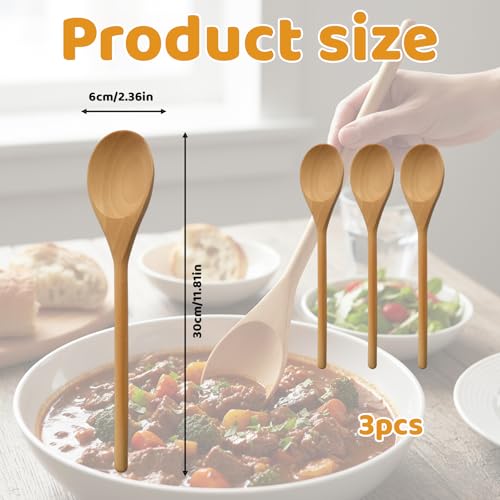 Wooden Spoons for Cooking, 3-Piece Set, Long Handle Wooden Cookings Utensils, 30 cm x 6 cm, Wooden Spoon for Kitchen, Wood Spoons, Cooking Wooden Spoon - Image 2