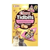 INABA Churu Tidbits Gatos - Receta Saludable de Pollo con Atún y Salmón - Snack Tierno con Relleno Cremoso - Golosina Natural, Sin Cerales, sin Conservantes ni Colorantes - 96g (8 Packs x 12g)