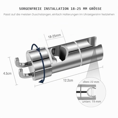 Vinabo Duschkopfhalterung, ohne Bohren, 18 – 25 mm Durchmesser, verstellbar, Halterung für Handbrause mit Haken, integrierter Abstandshalter zum Schutz der Duschstange
