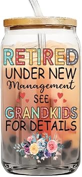 Fatbaby Retirement Gifts for Women,Retired Under New Management See Grandkids For Details Glass Can Tumbler,Funny Retirement Cup for Coworker,Boss Lady,Teacher, Nurse,Friends,Mom,16OZ 1pcs
