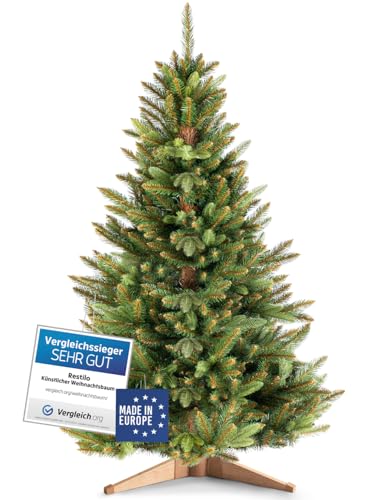 RESTILO Premium Weihnachtsbaum Künstlich 150 cm Tannenbaum mit Ständer aus Holzmaterial braunem Stamm Künstlicher Weihnachtsbaum Maya