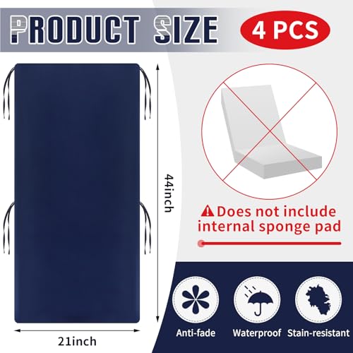 Image of Tudomro 4 Pcs Outdoor High Back Chair Cushion Covers (Not Includes Cushion) Waterproof Patio Replacement Rocking Chair Slipcover Seat Pad Cover with Tie for Furniture (Navy Blue,44'' X 21'')