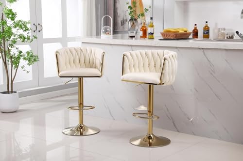 Image of Modern Set Of 2 bar Stools - 360 Degree Swivel Bar Stool With Gold Base Adjustable Counter Height Velvet Kitchen Island Chairs For Living Room, Kitchen, Cafe Pub Barstools (Cream)