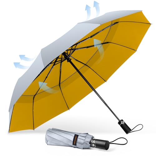 TECKNET Ombrello Pieghevole Antivento, Grande Portatile Pioggia da 10 Ossa, Automatico Viaggio Umbrella Doppio Baldacchino Antivento Impermeabile per Uomo Donna, Diametro 104 cm, Argento e Giallo