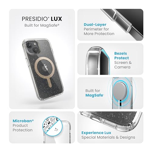Image of Speck Clear iPhone 15 Case MagSafe - Slim Phone Case - 6.1 inch - Compatible with iPhone 14 & 13 - Presidio Lux Clear /Gold Glitter /Beige