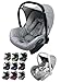 BambiniWelt Ersatzbezug Babyschale – 6-teiliges Set kompatibel -Maxi-Cosi Cabrio Fix, inkl. Sitzbezug, Gurtpolster, Sonnenverdeck & Kopfstütze, gepolstert, Farbe: Sterne hellgrau