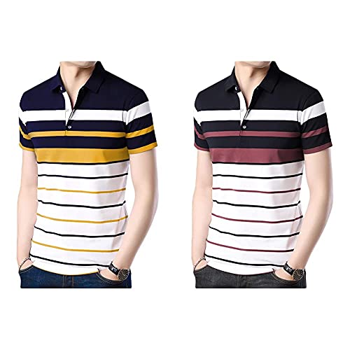 Image of EYEBOGLER Men's Striped Regular fit T-Shirt (T285HS White Darknavy Indigo Royal S) EYEBOGLERMenRegularT-Shirt (Pack of 2)