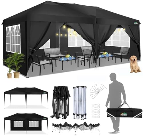 COBIZI Canopy 10x20 Pop Up Canopy Tent with 6 Sidewalls Easy Pop Up Tent 10x20 Waterproof Commercial Instant Shelter UPF 50+ Portable Gazebo Wedding Tents for Parties Car Port Vender Events(Black