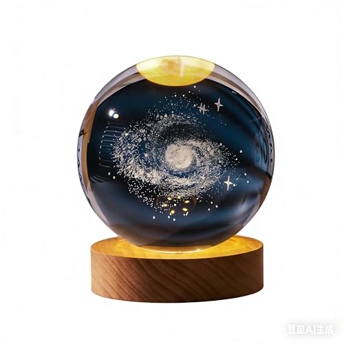 FullGen 3D Planet Crystal Ball Night Light, Galaxy System Night Lights with Wooden Base,Crystal Ball Lamp with LED Light Base, Gifts for Mother's Day Family Christmas Thanksgiving (Galaxy)