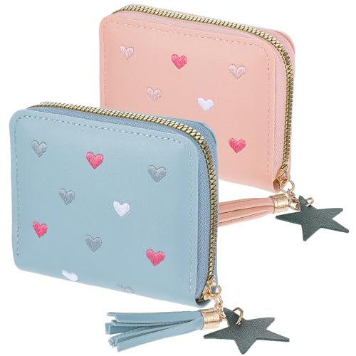 2 PCS Wallets for Girls, Small PU Leather Girls Wallets for Kids 6-8 with Zipper and Card Slots, Cute Credit Card Holder with Heart-embroidery Star Tassels Pendant for Kids Women (Blue, Pink)