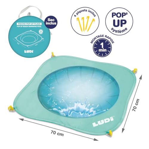 LUDI - Pop-Up-Pool - Für den Strand - Planschbecken zum Mitnehmen - Tragetasche und Befestigungsklammern - Einfach anzubringen und aufzubewahren - Ab 10 Monaten, Türkis