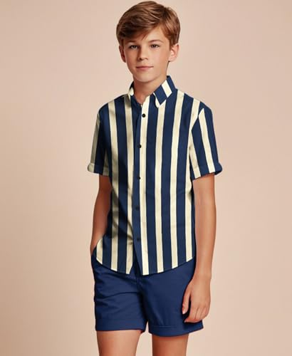 Image of Weecreeture Boys Summer 2 Piece Outfits - Short Sleeve Button Down Shirt & Shorts Set - Navy Blue Beige Striped for 13-14 Years