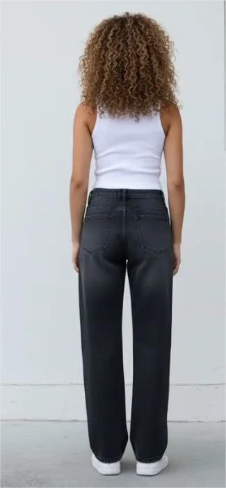 Image of Women's High Waist Baggy Wide Leg Jeans for Women - Loose Fit Washed Black Denim Pants with Straight Palazzo Style, Relaxed Streetwear Korean Trousers