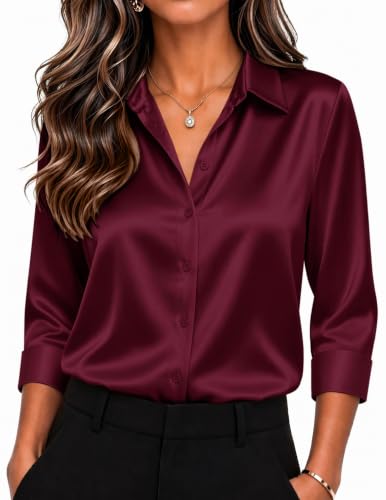 Image of Zeagoo Womens Satin Blouses Button Down Shirts 3 /4 Sleeve Dressy Tops S-2XL