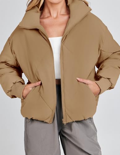 ZESICA Women\'s Winter Cropped Puffer Jacket Long Sleeve Zip Up Quilted Short Down Coat with Pockets,Khaki,Medium - Thumbnail 2