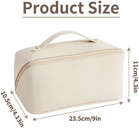 Large Capacity Travel Cosmetic Bag, Portable Cosmetic Bag Travel Makeup Bag Leather Cosmetic Travel Bag Waterproof Makeup Bag Toiletry Bags with Handle and Zipper (White)