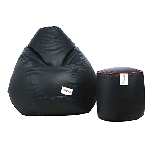 Image of Sattva Combo Classic XXL Bean Bag Grey and Round Footstool Filled with Beans - Grey with Pink Piping