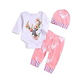 Newborn Girls Long Sleeve Deer Romper Tops Pink Pants Hat Outfits Set Onesies (White, 0-3Months)