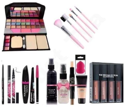 Just Tya Complete Makeup Kit Set with Eyeshadow Palette, 5 Pink Makeup Brushes, 4 in 1 Nude Edition Matte Mini Lipstick, Fixer, Primer, Contour, Foundation, 3 in1 Eye Combo, 36H, Kajal, and Beauty Sponge (Pack of 20)