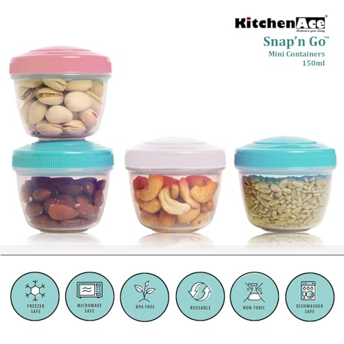 Image of KITCHENACE,Modernise your living Small Plastic Containers 150ml | Ideal for Lunch, Dips, Salad Dressing, Spices, Nuts & Dry Fruits | Airtight, Leakproof, Compact Storage Set of 4 Snap'n Go Assorted
