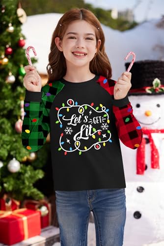 Image of BesserBay Girl's Christmas Buffalo Plaid Raglan Top Funny Holiday Graphic Shirt 4-14 Years