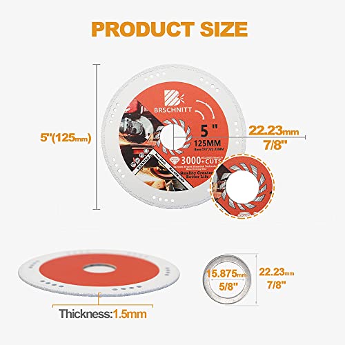 BRSCHNITT Diamond Cut Off Wheel,5 Inch x 7/8 Inch-5/8 Inch Arbor Vacuum Brazed Diamond Saw Blades for Metal Steel Tube Iron Rebar Cutting Wheel 125mm — view 2