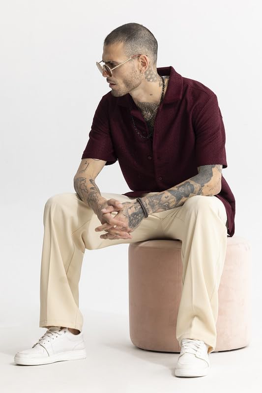 Image of SNITCH nector Maroon Cuban Collar Self Design Box Fit Shirt