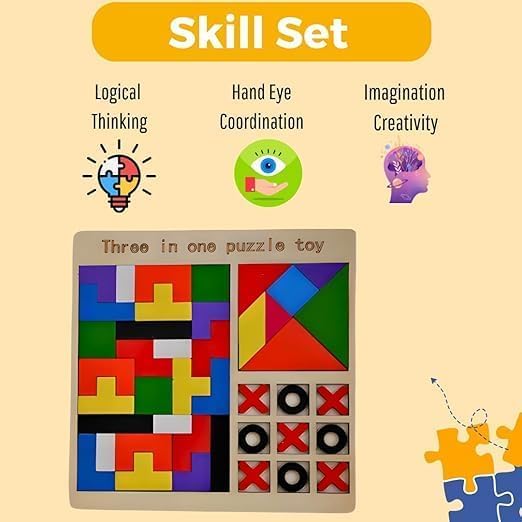GaxQuly 3-in-1 Wooden Puzzle Board for Kids Children's Educational Colorful Square Tangram Game Chess Xo Tic-Tac-Toe Nine-Square Three-in-One Montessori Puzzle Set Building Blocks (Antique) 2