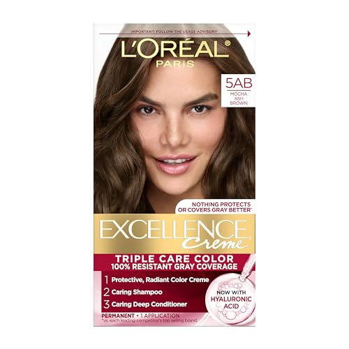 L'Oreal Paris Excellence Crème Permanent Hair Dye, Triple Care Hair Color with Pro-Keratine Complex for 100% Gray Hair Coverage, 5AB Mocha Ash Brown, 1 Kit