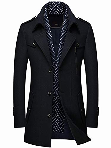 Image of GGUHHU Mens Gentle Scarf Lined Notched Collar Single Breasted Thick Woolen Trench Coat (Medium, Black)