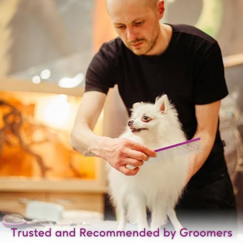 Image of Pet Comb 8 inches Comfortable Grooming Comb with Different-Spaced Rounded Stainless Steel Teeth, Easy Grip and Convenient Grooming for Pets Dog Cat with Medium Coarse Fur - Purple