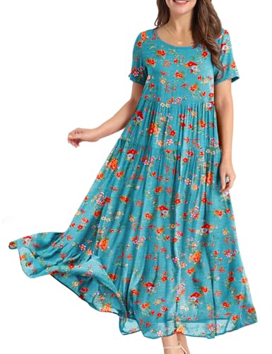 Image of YESNO Women Casual Loose Bohemian Floral Dress with Pockets Short Sleeve Long Maxi Summer Beach Swing Dress EJF
