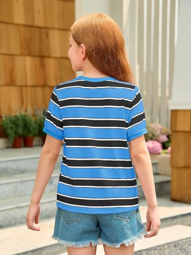 Image of Haloumoning Girls Striped Short Sleeve T Shirts Kids Summer Casual Tops Crewneck Tees Blouses 5-14Y