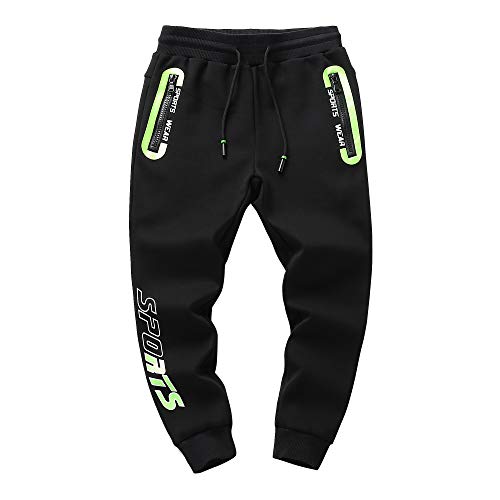 LAPLBEKE Enfant Garçons Pantalons De Survêtement - Impression Jogging Pantalon de Sport - Taille Elastique Épaissir Ample Noir 13-14 Ans Cover