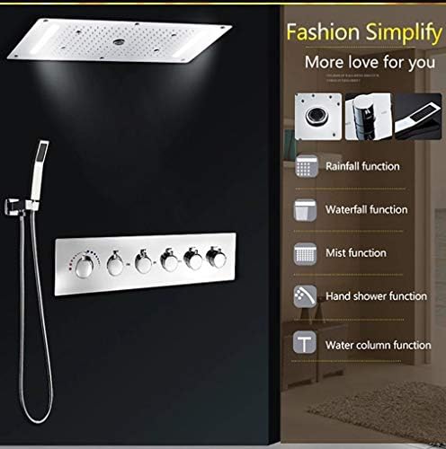 Cascada Vaticano LED Modern Shower System | Multi-Functions Shower head with Handheld Shower | Ceiling Mount | 15"x28" | 6-Knob Thermostatic Valve (Brushed Nickel)