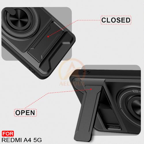 Image of Redmi A4 / 14C / C75 5G / M7 5G Back Cover | Armor Camera Slider 360 Degree Rotating Finger Ring Holder Case with Bracket Stand Back Case Cover (Compatible with MagSafe Accessories) (Black)