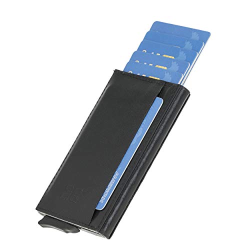 Bouletta Mens Minimalist Pop up Wallet RFID Blocking Slim Credit Card Holder Automatic Wallets for Men Leather Case (Black)