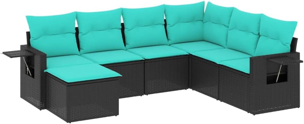 vidaXL Patio Sofa Set 7 Piece Black Poly Rattan with Blue Cushions - Weather- Outdoor Garden Furniture with Modular Design and Foldable Side Tables