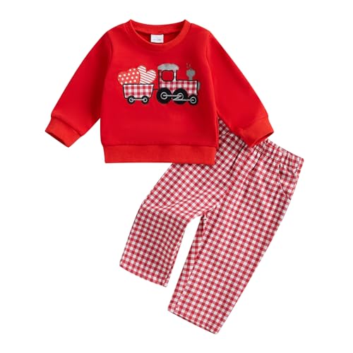 Toddler Baby Girl Boy Valentines Outfit Heart Embroidered Long Sleeve Sweatshirt Plaid Pants Set 2Pcs Clothes