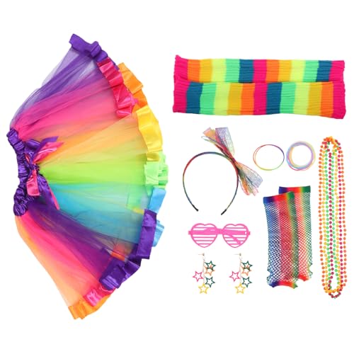 Jupe Tutu Arc-en-ciel et Accessoires Néon Années 80 pour Fêtes Fluo et Carnaval