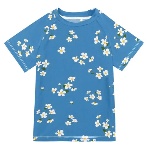 ALAZA Kids Rash Guard Boys Toddler Swim Shirts Short Sleeve Blue White Flower UPF 50+ 3T
