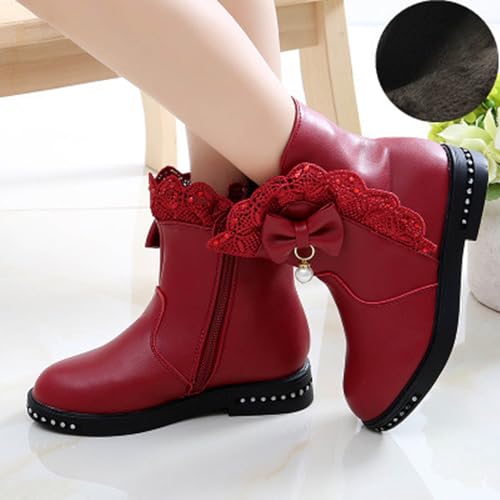 Girls Winter Boots Kids Side Zipper Princess Dress Boots Pearl Bowknot Lace Warm Walking Shoes Fleece Lined Boots3