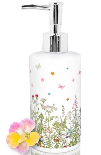 FYSUIMU Wildflower Soap Dispenser Vintage Wild Floral Glass Soap Dispenser with Pump Refillable Liquid Soap Container for Bathroom Kitchen Countertop Decor