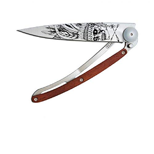deejo Taschenmesser Tattoo 37g Indian Skull, Z40C13-Stahl, Liner-Lock, Coralwood, Gürtelclip, Box Cover